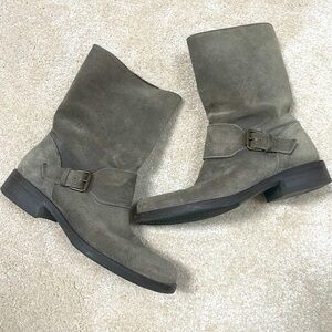 Dixon Grey Suede Size 7 JCrew Mid Calf Pull On Moto Boot w Gold Buckle Detail